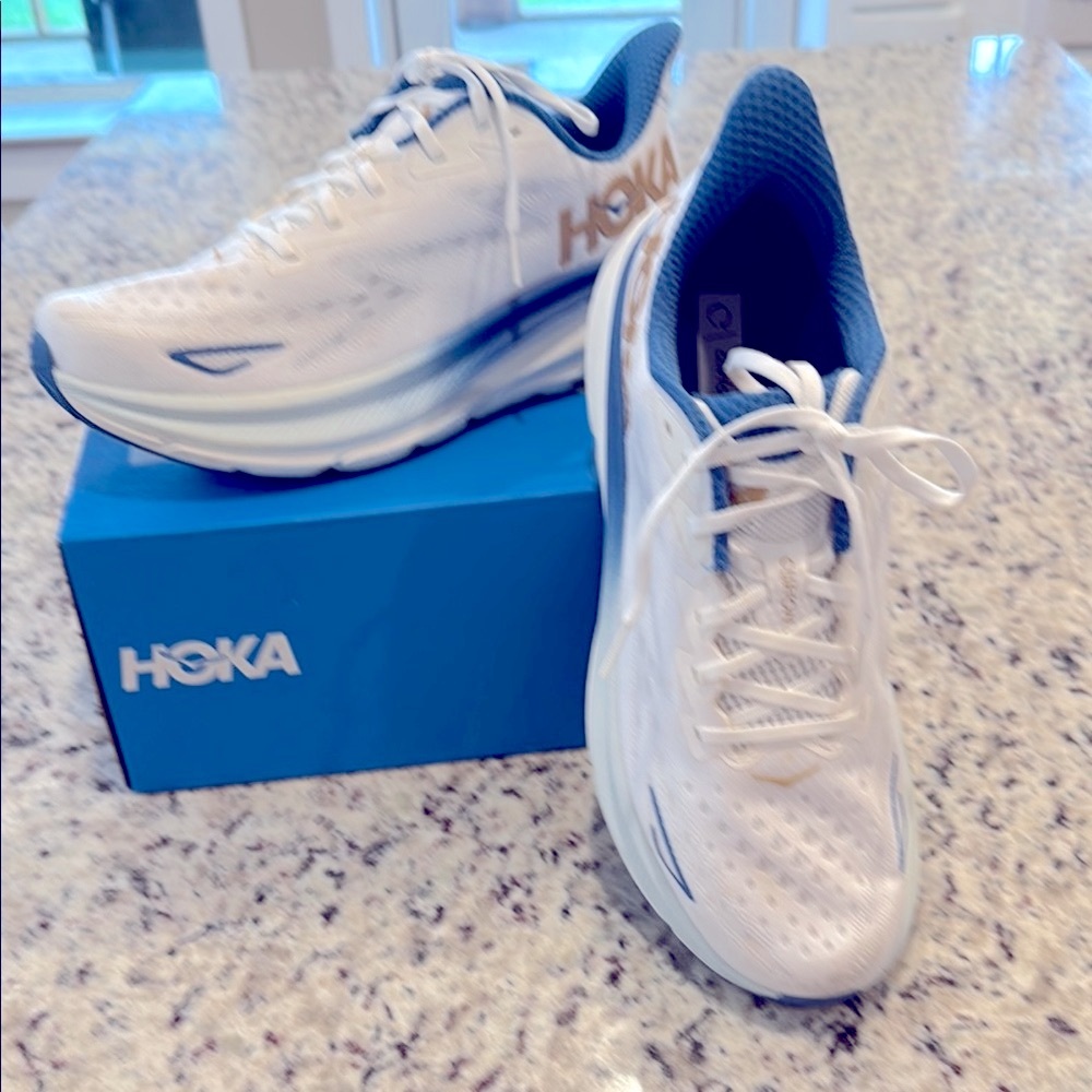Hoka M Clifton 9 White and Blue Athletic Sneakers